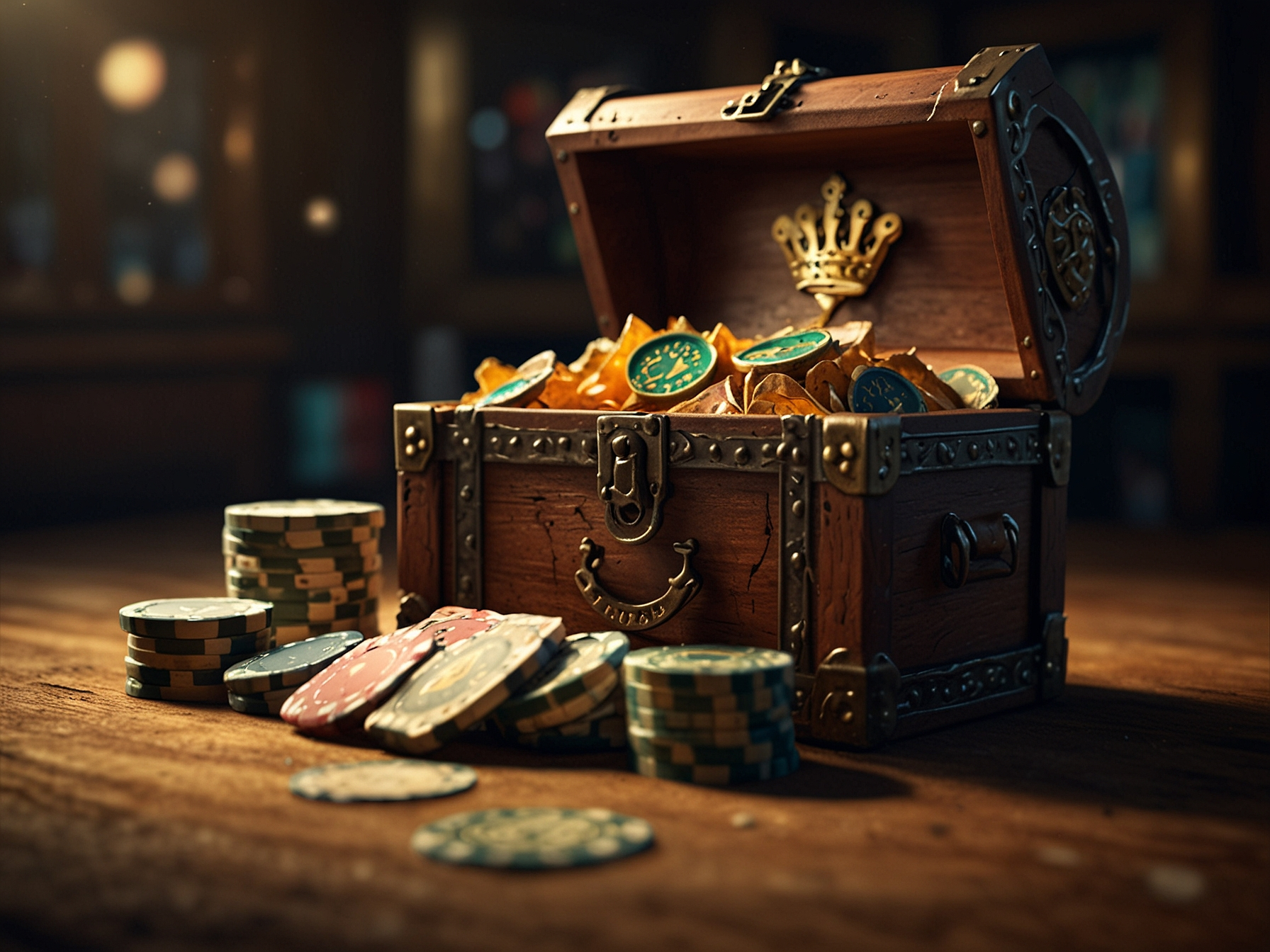 Royal treasure chest with casino tokens and spins
